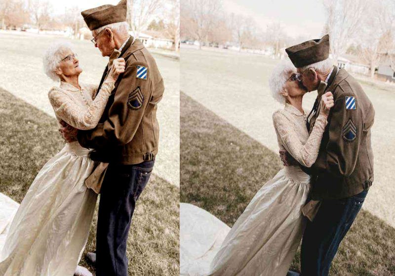 Avó de 87 usa vestido de casamento de 70 anos atrás em fotos da neta