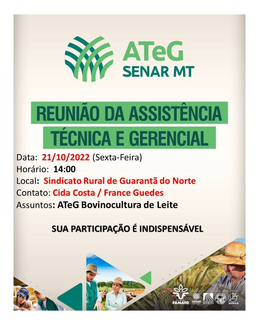 Sindicato Rural de Guarantã do Norte e ATeG, estarão realizando reunião para tratar sobre a bovinocultura de leite