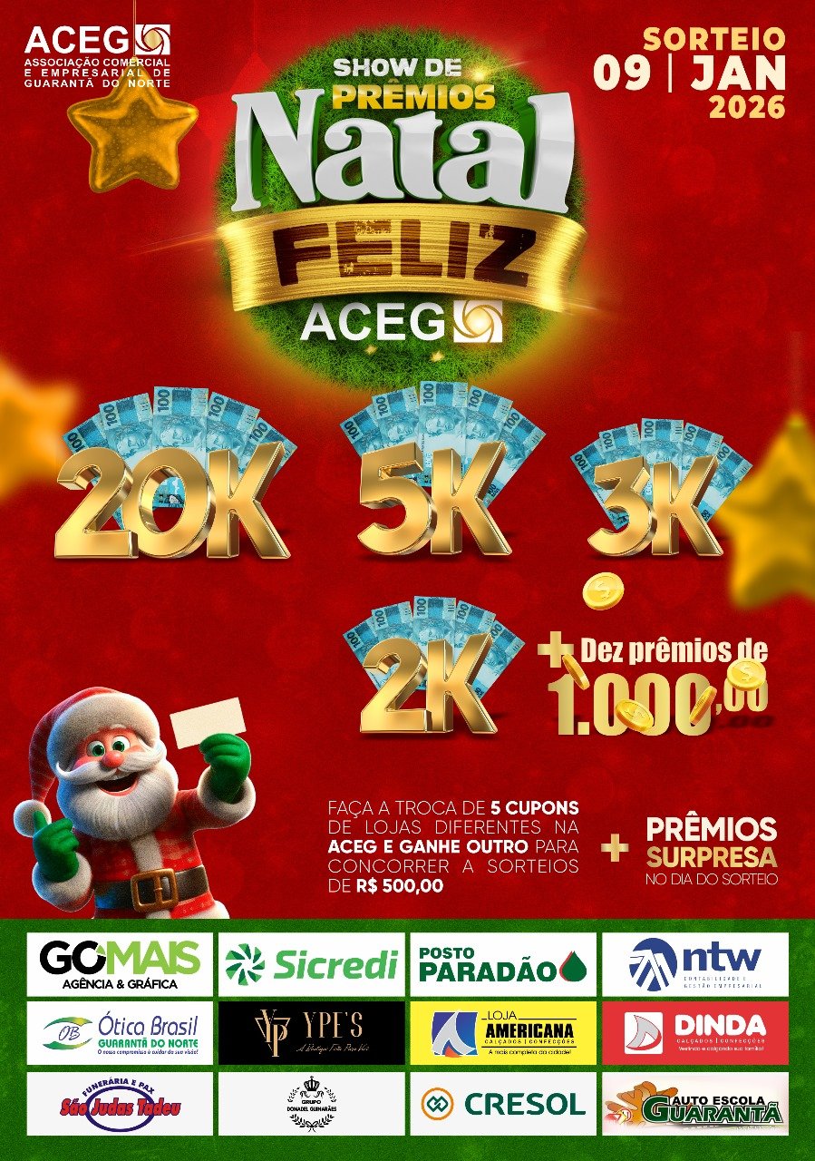 Show de Prêmios Natal Feliz ACEG 2025 acontece nesta sexta-feira 09/01